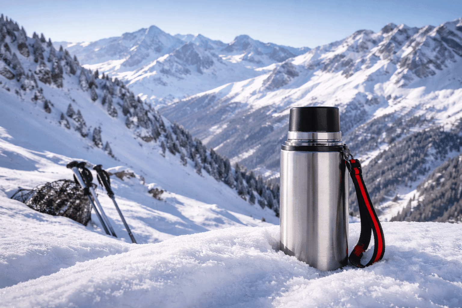 Heißer Tee in der Thermoskanne – und im Hintergrund die verschneite Bergwelt. So lässt sich auf der Skipiste genussvoll sparen.
